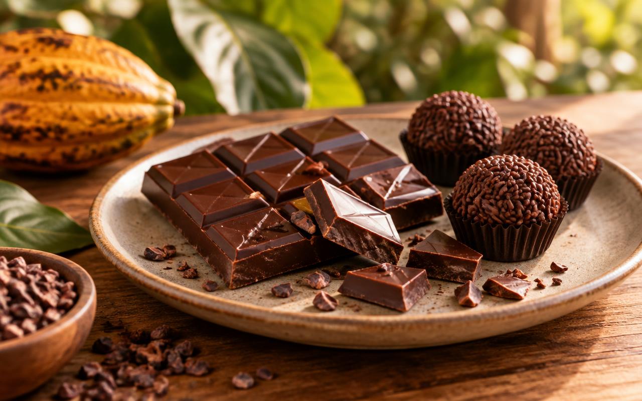 Barra de chocolate artesanal quebrada com brigadeiros e nibs de cacau